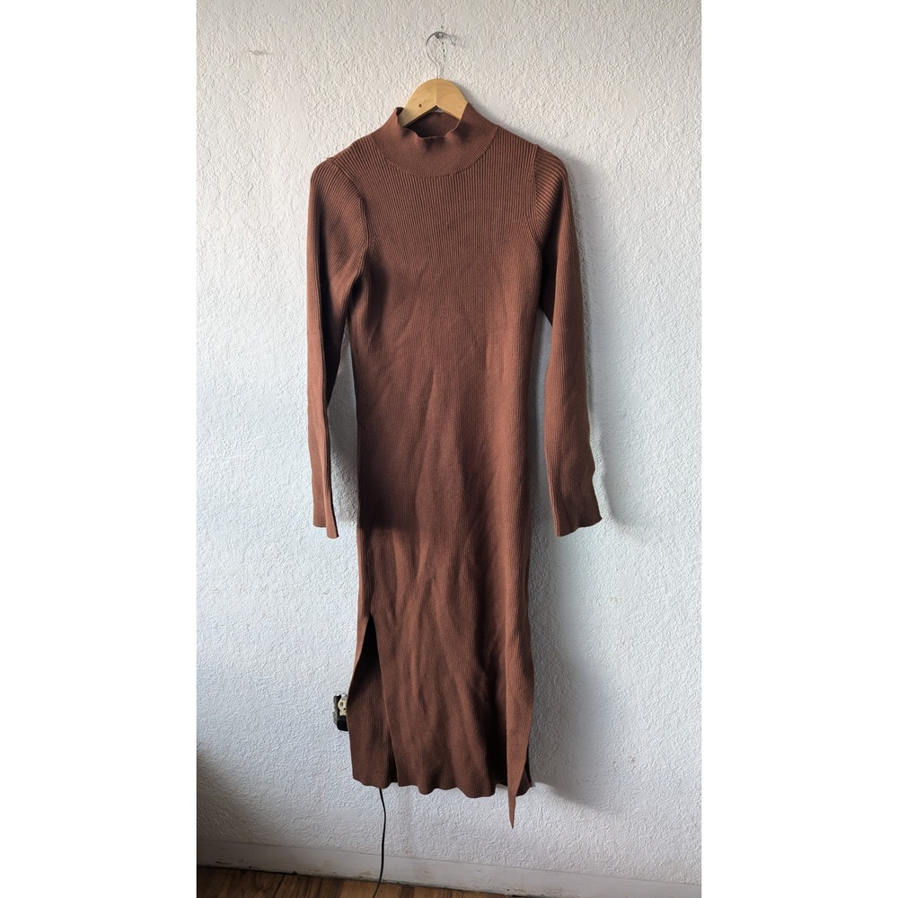Rhythm Ribbed Knit Long Dress‎ Mock Neck Long Sleeve Brown XL